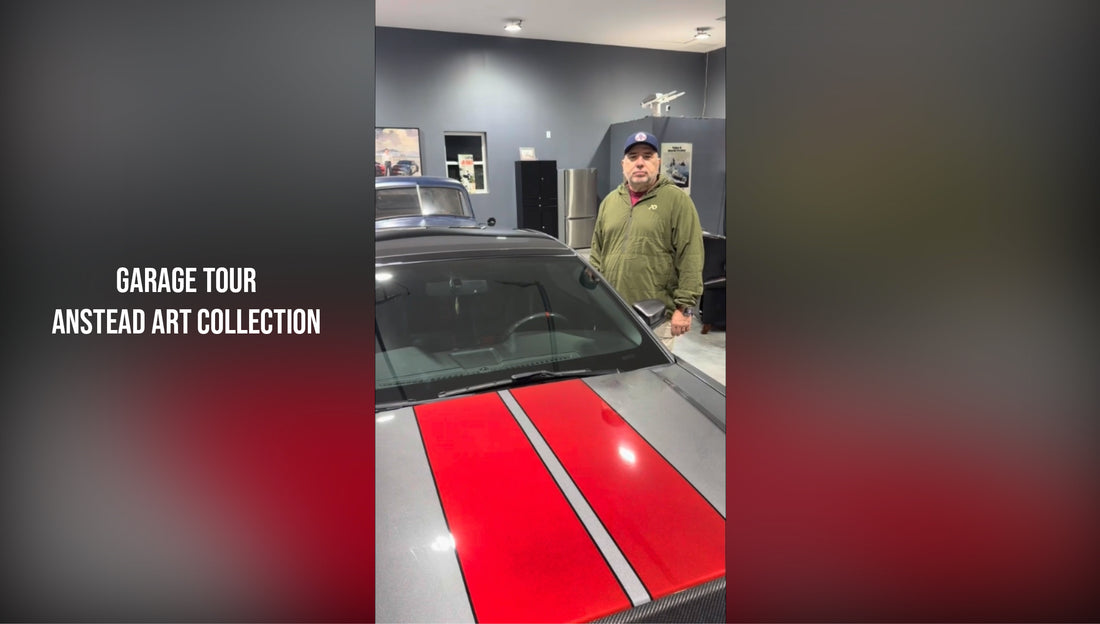 Video of a garage tour of a mustang owner and art client of Stewart Anstead. Features multiple cars he owns as well as multiple pieces of art by Stewart Anstead.